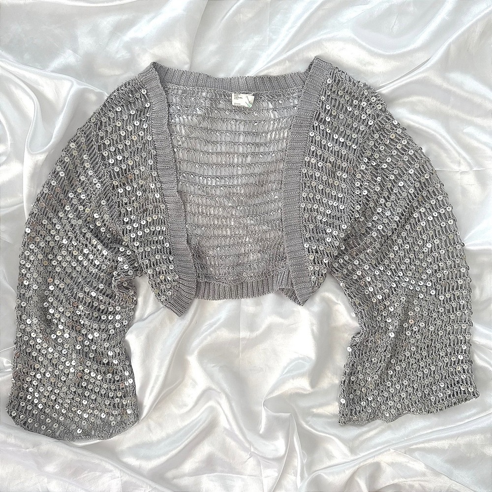 Sequin Crochet Bolero Shrug Silver Grey Open Knit Cropped Cardigan Medium
